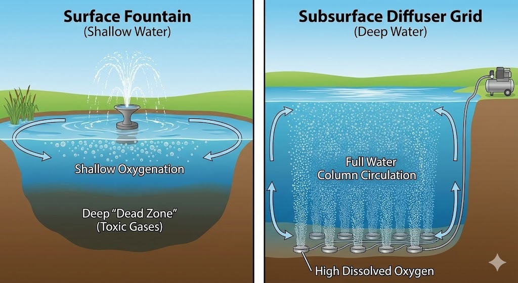 Aerazione di laghi e stagni: una guida professionale alla selezione di sistemi e diffusori
